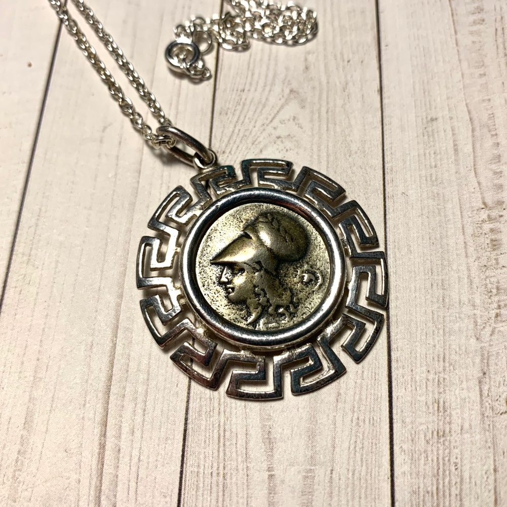 Sterling Roman Man Greek Key Pegasus Coin Pendant